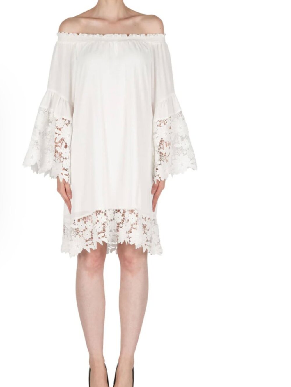 Joseph Ribkoff Off the Shoulder Beachy Dress Lace Trim Ivory Large